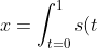 x = \int_{t=0}^1 s(t) dt = \int_{0}^{0.5} 40 t dt + \int_{0.5}^1 20 dt